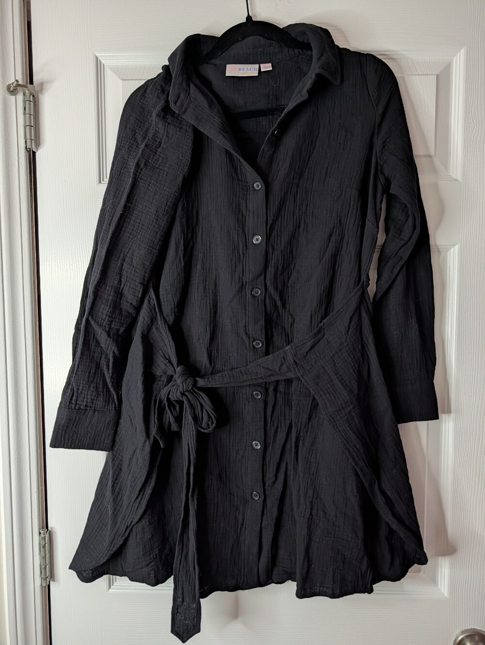 Belle Beach by Kim Gravel XS Black Cotton Shirt Dress Tie Waist Long Sleeve